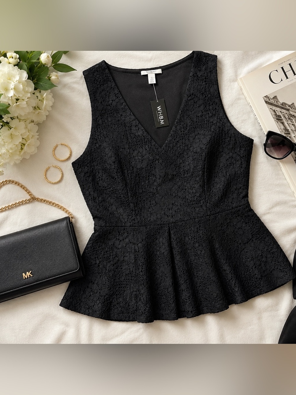 WHBM White House Black Market Black Lace Peplum Tank Top NWT Medium Career - Picture 4 of 11